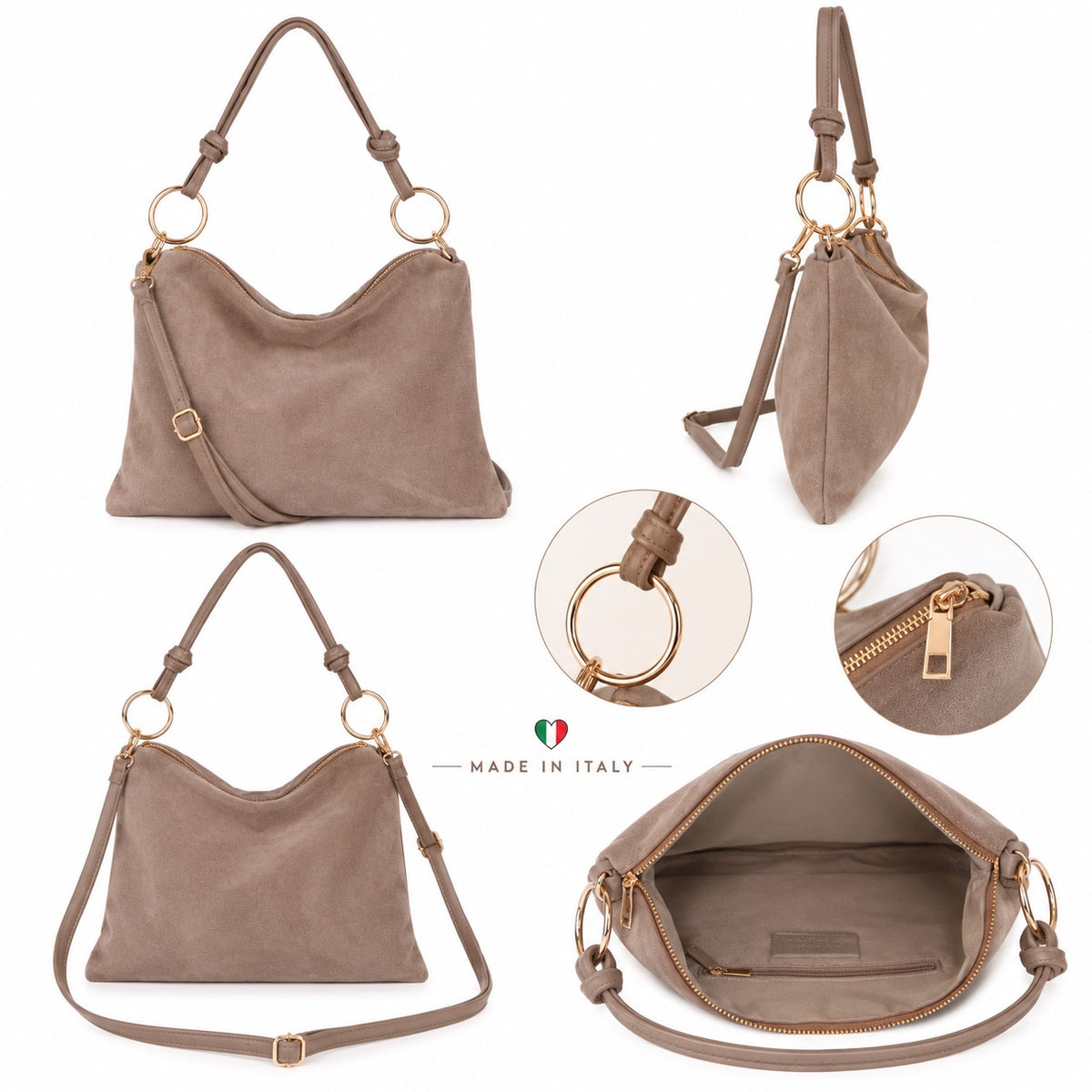 Damen Wildleder Schultertasche Echtleder S-L Made in Italy Crossbody Handtasche Tasche