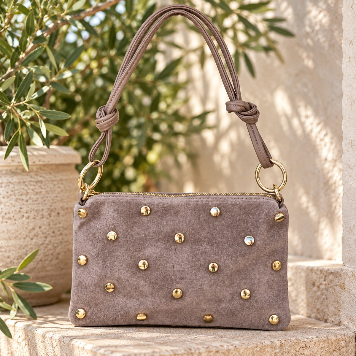 Damen Schultertasche Echt Wildleder mit goldfarbenen Nieten – Made in Italy – 2 Looks – Handtasche Crossbody S/L Tasche