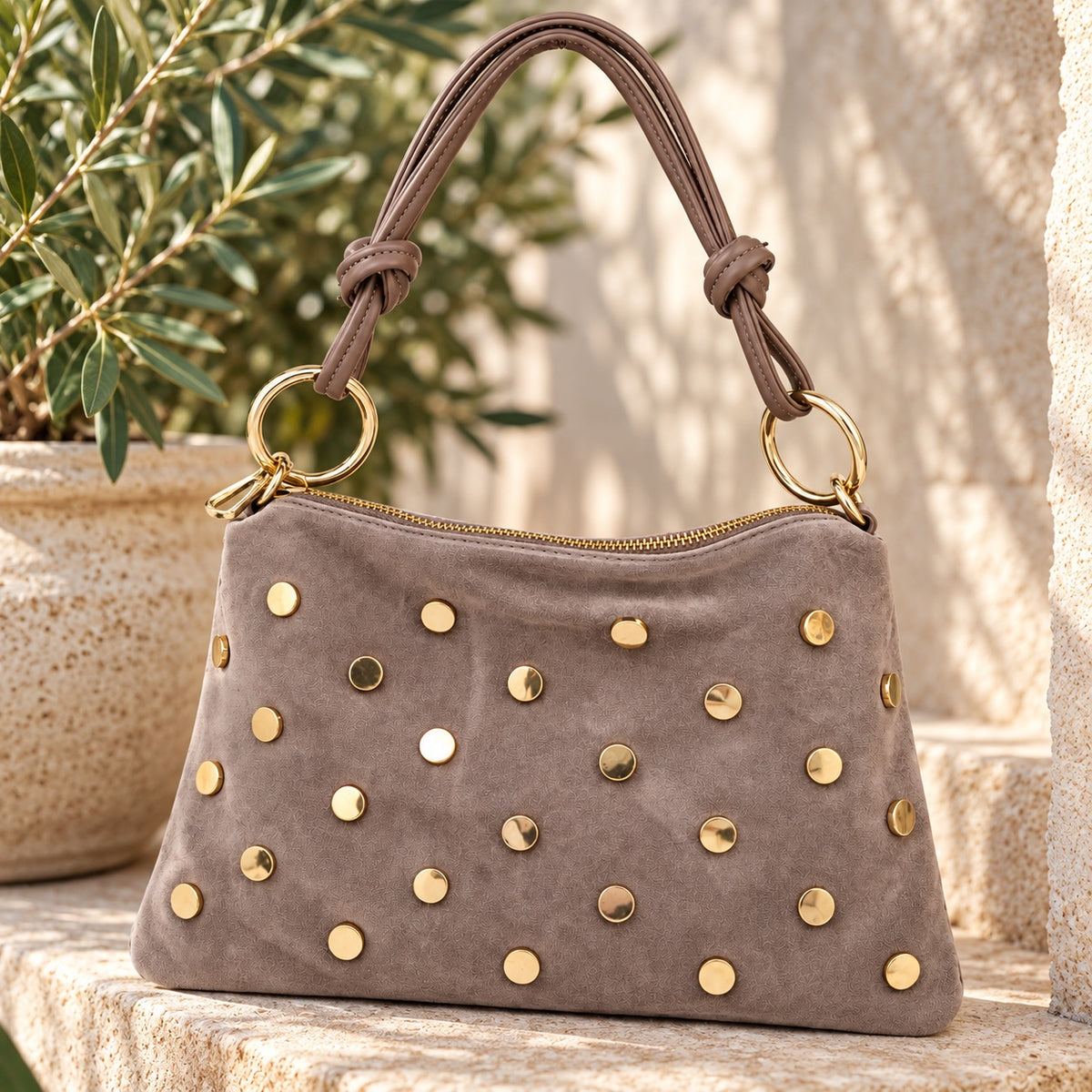 Damen Schultertasche Echt Wildleder mit goldfarbenen Nieten – Made in Italy – 2 Looks – Handtasche Crossbody S/L Tasche