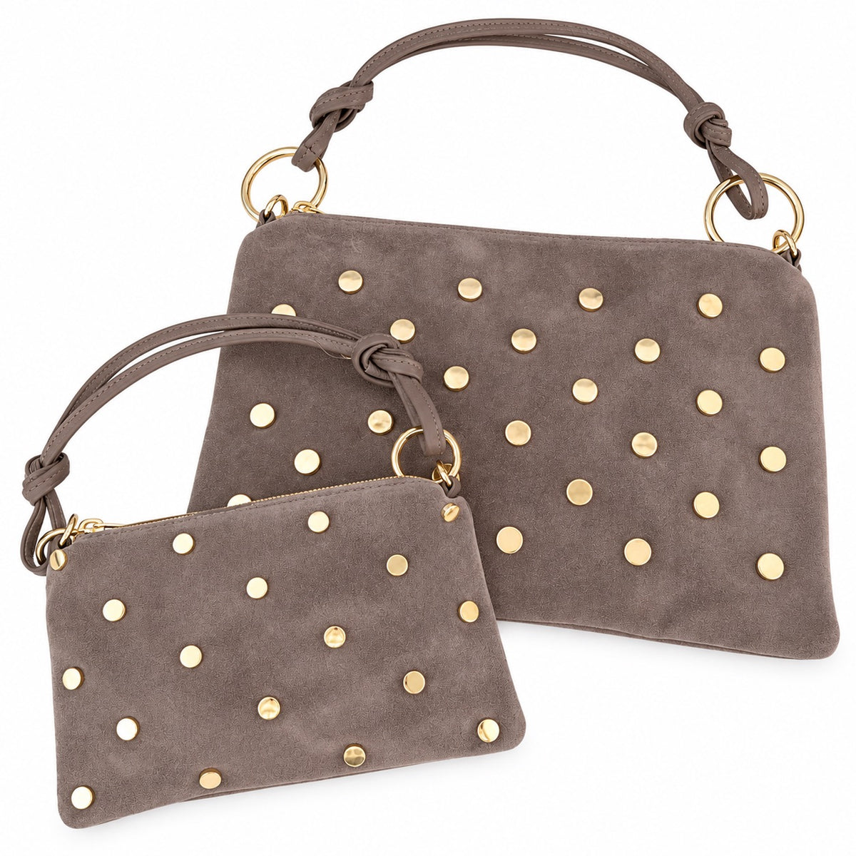 Damen Schultertasche Echt Wildleder mit goldfarbenen Nieten – Made in Italy – 2 Looks – Handtasche Crossbody S/L Tasche