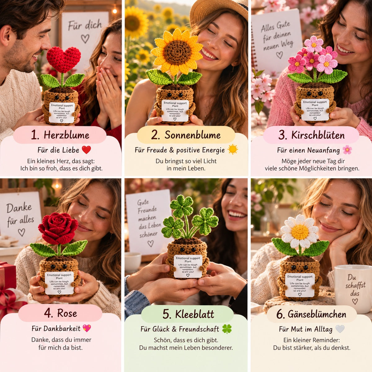 Emotional Support Pflanze gehäkelt Blume Geschenk Deko Rose Herz Kleeblatt Handmade