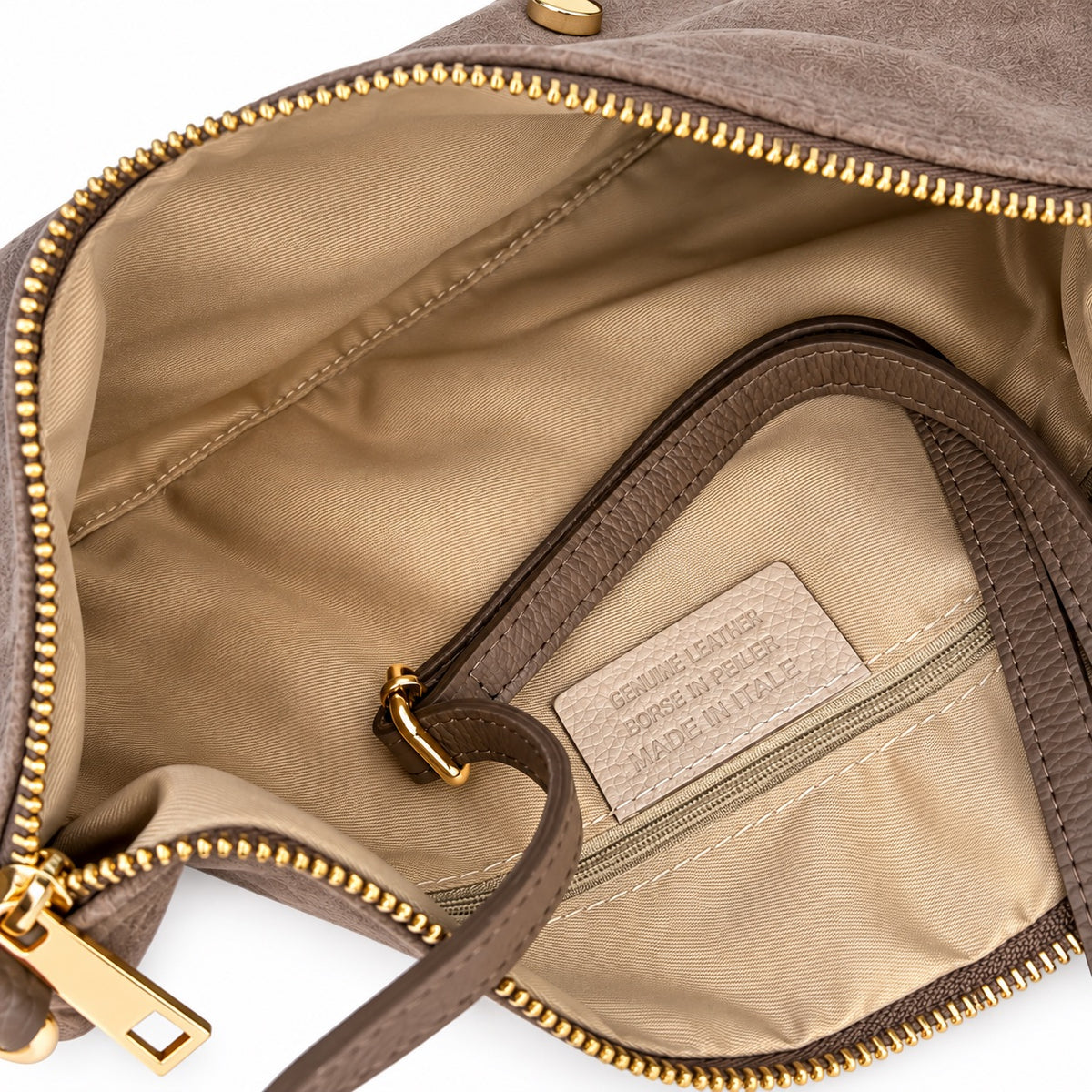 Damen Schultertasche Echt Wildleder mit goldfarbenen Nieten – Made in Italy – 2 Looks – Handtasche Crossbody S/L Tasche