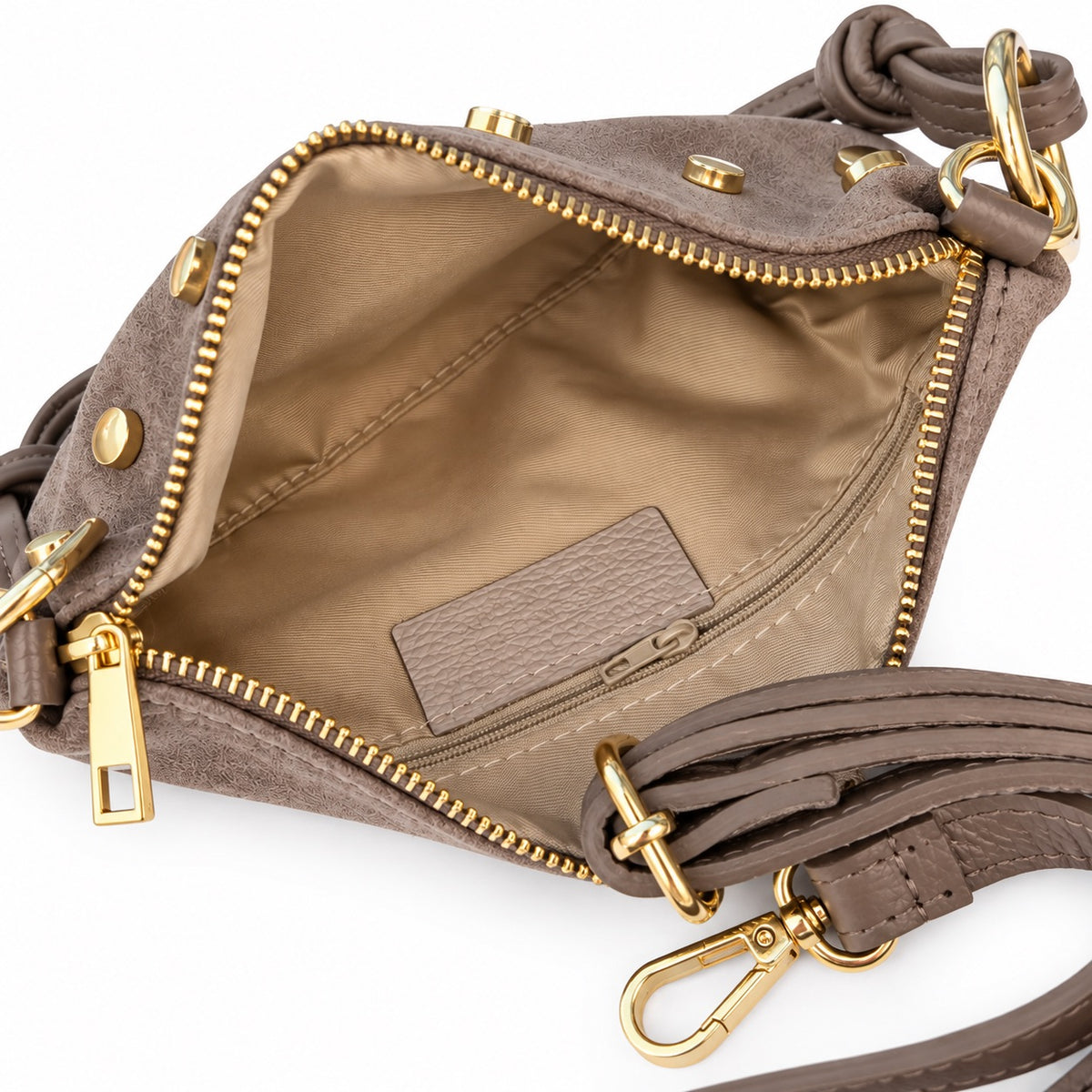 Damen Schultertasche Echt Wildleder mit goldfarbenen Nieten – Made in Italy – 2 Looks – Handtasche Crossbody S/L Tasche