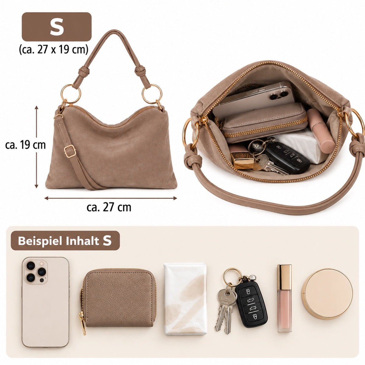 Damen Wildleder Schultertasche Echtleder S-L Made in Italy Crossbody Handtasche Tasche
