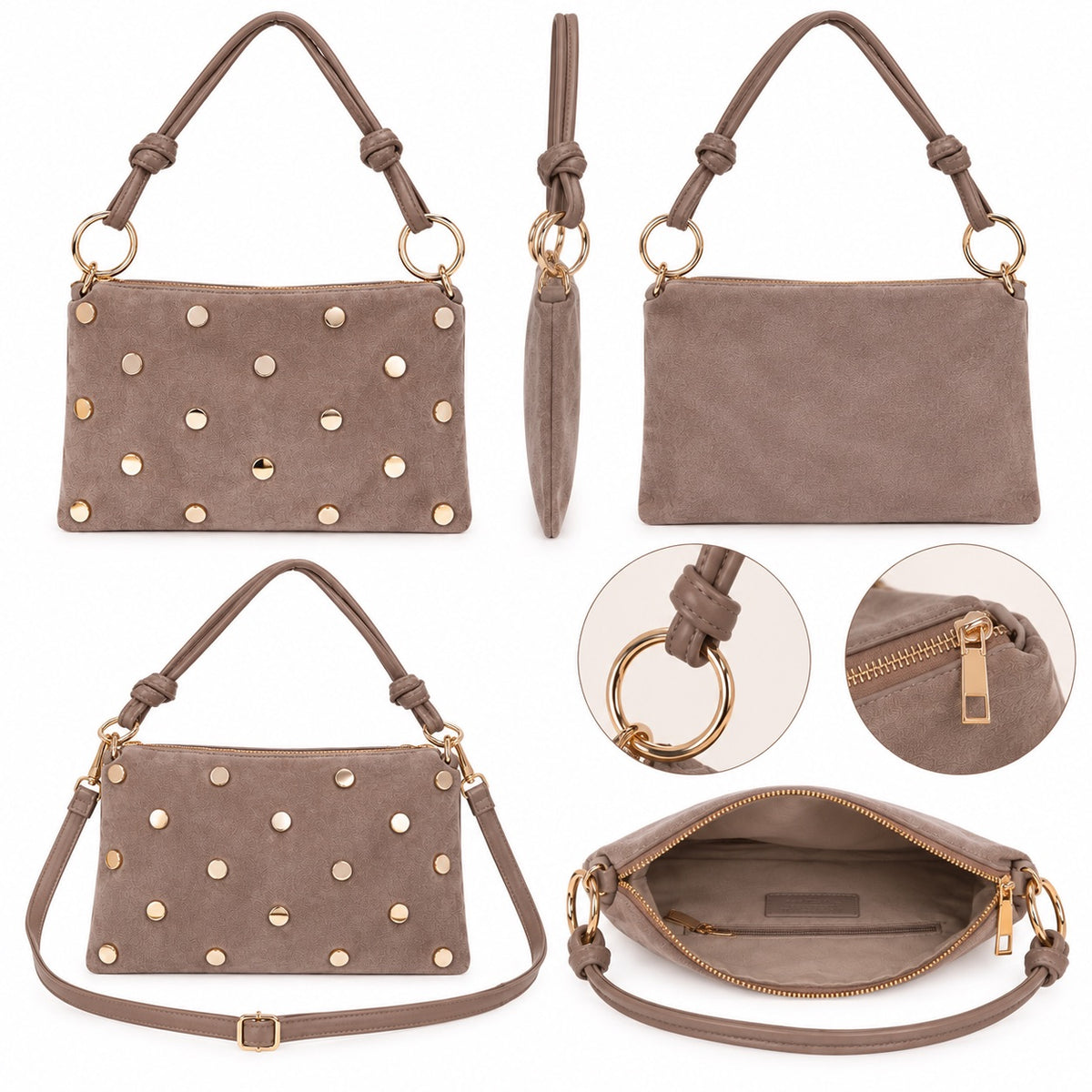 Damen Schultertasche Echt Wildleder mit goldfarbenen Nieten – Made in Italy – 2 Looks – Handtasche Crossbody S/L Tasche