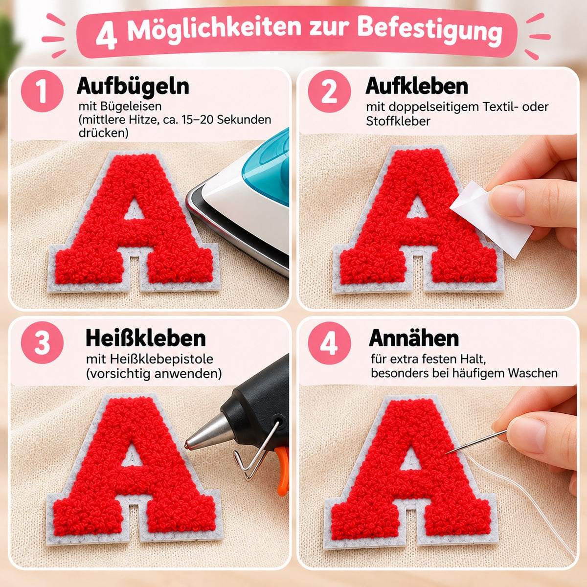Rot 7cm Buchstaben A–Z Chenille Aufnäher Patches zum Aufbügeln für Kleidung DIY