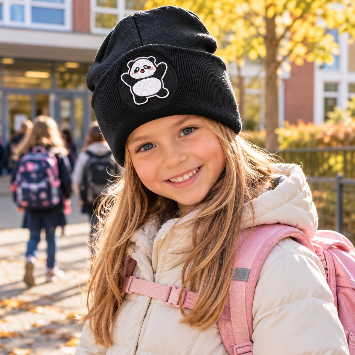 Bamboo Panda Face Beanie Schwarz – Warme Unisex Mütze für Kinder Schüler Damen Grau
