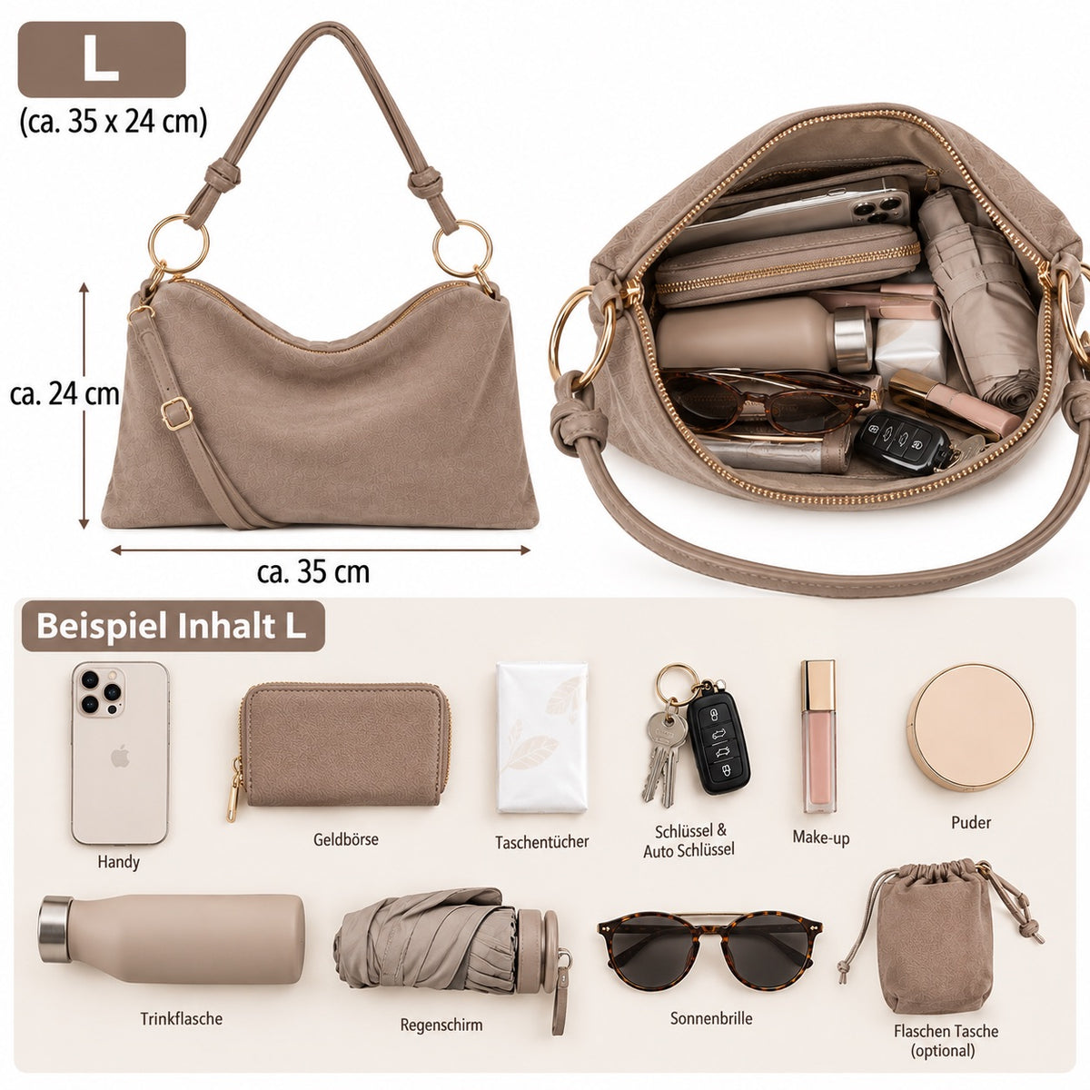 Damen Wildleder Schultertasche Echtleder S-L Made in Italy Crossbody Handtasche Tasche