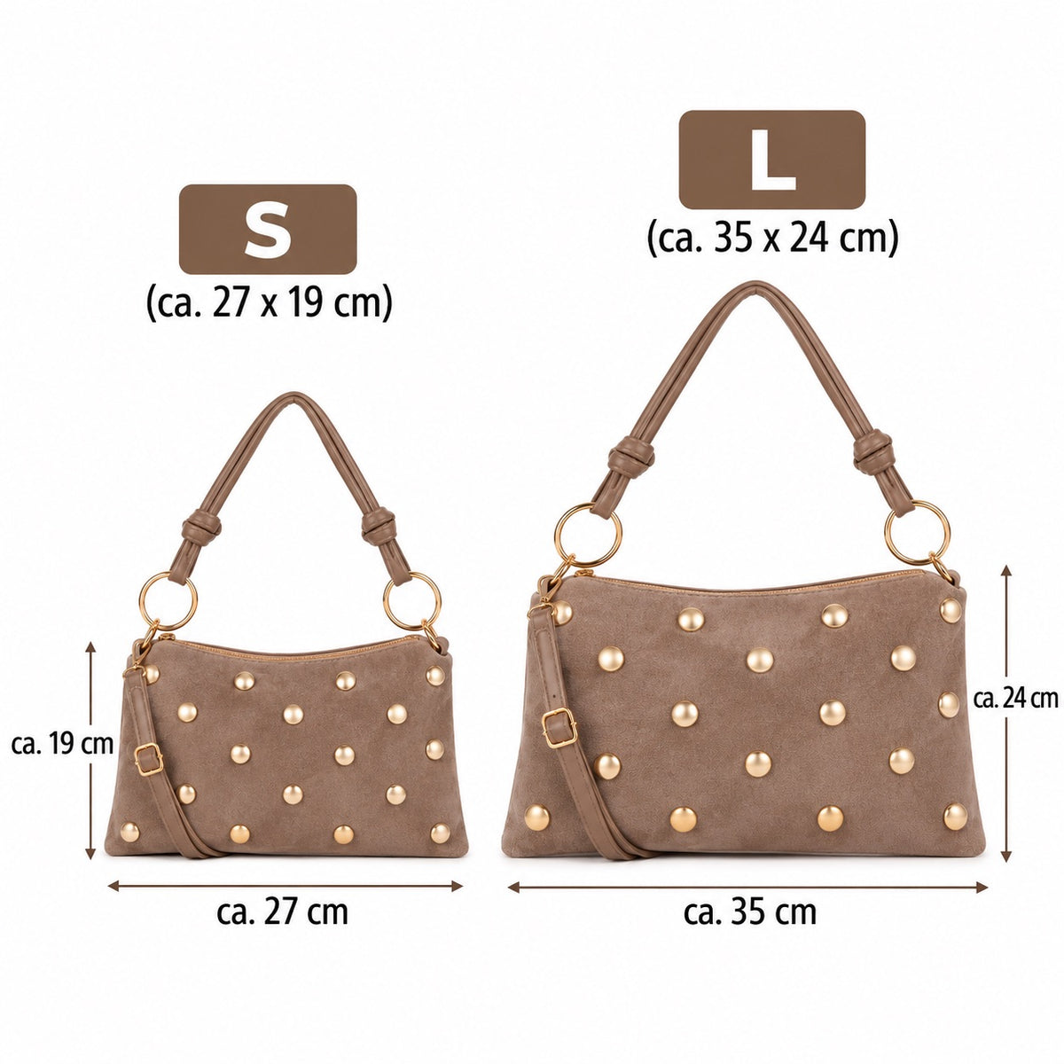 Damen Schultertasche Echt Wildleder mit goldfarbenen Nieten – Made in Italy – 2 Looks – Handtasche Crossbody S/L Tasche