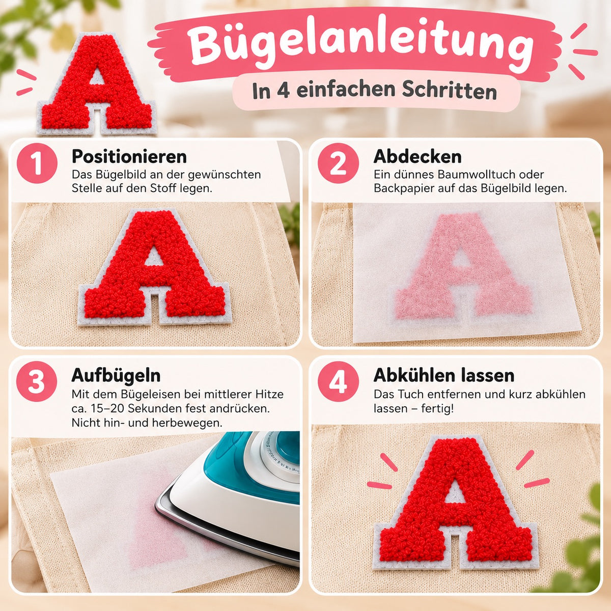 Rot 7cm Buchstaben A–Z Chenille Aufnäher Patches zum Aufbügeln für Kleidung DIY