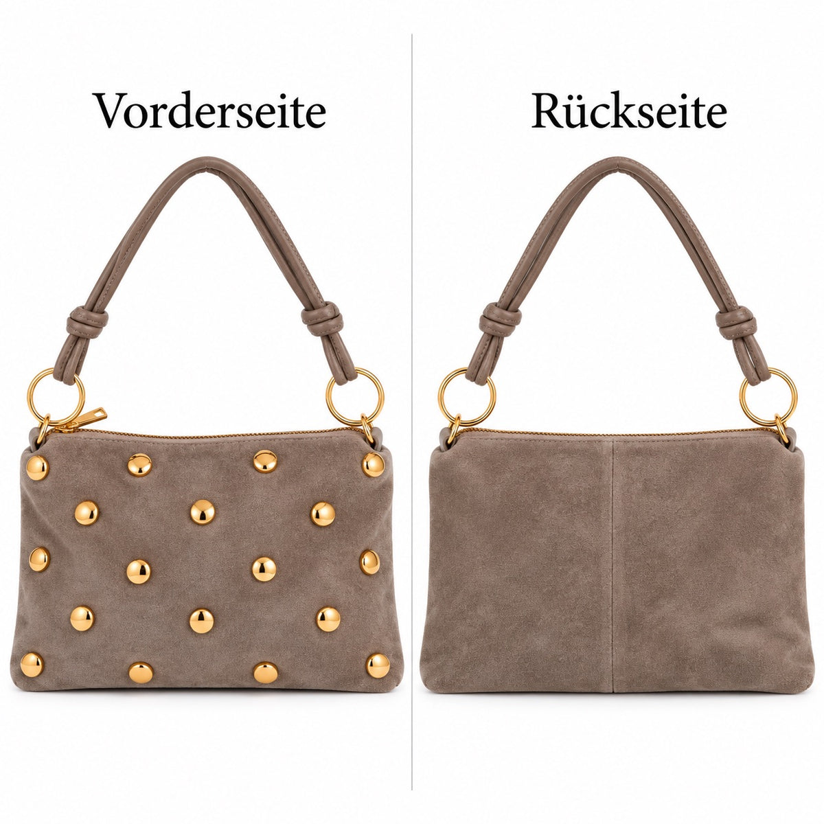 Damen Schultertasche Echt Wildleder mit goldfarbenen Nieten – Made in Italy – 2 Looks – Handtasche Crossbody S/L Tasche