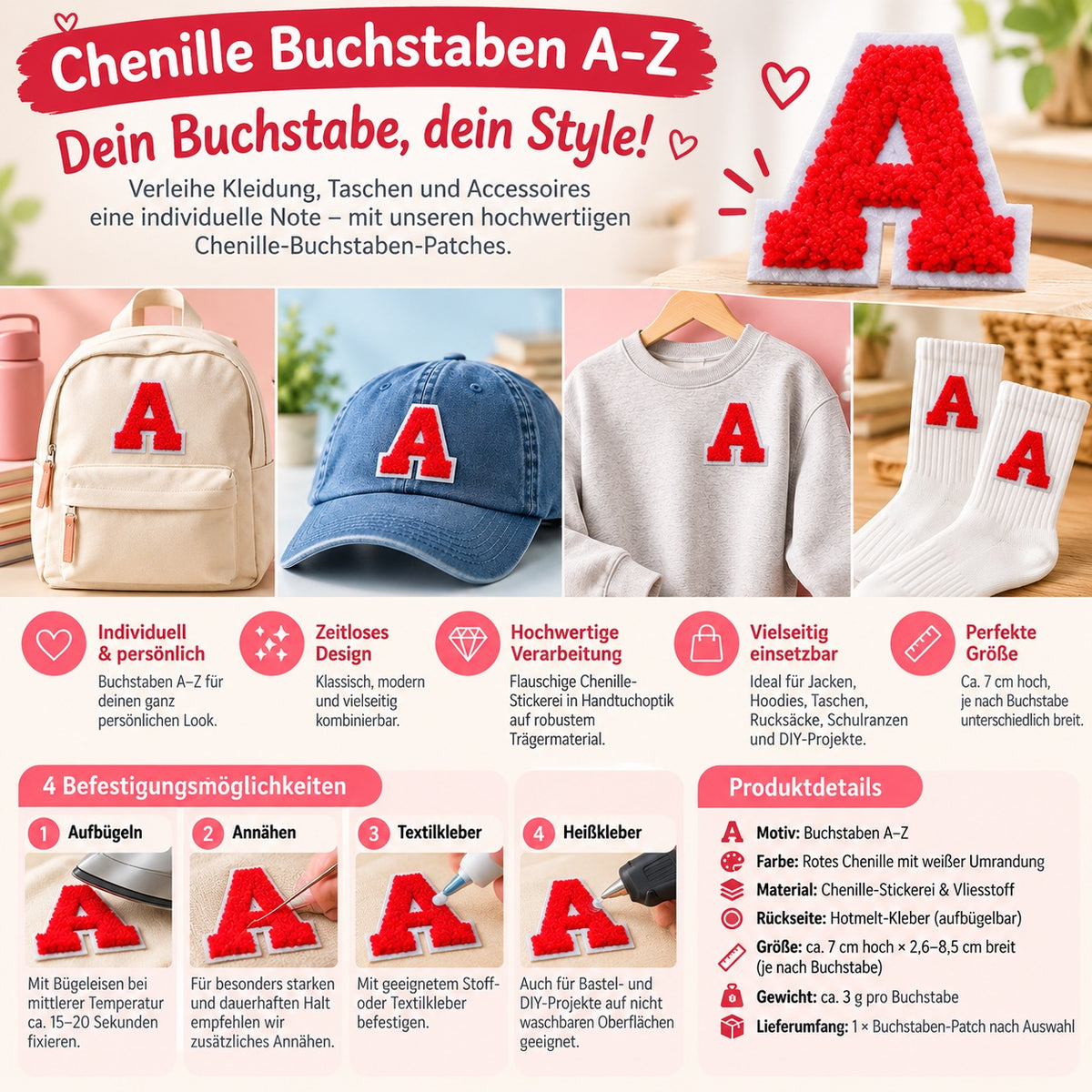 Rot 7cm Buchstaben A–Z Chenille Aufnäher Patches zum Aufbügeln für Kleidung DIY
