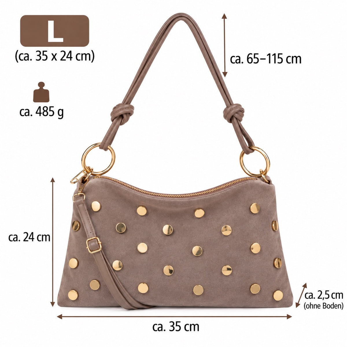 Damen Schultertasche Echt Wildleder mit goldfarbenen Nieten – Made in Italy – 2 Looks – Handtasche Crossbody S/L Tasche