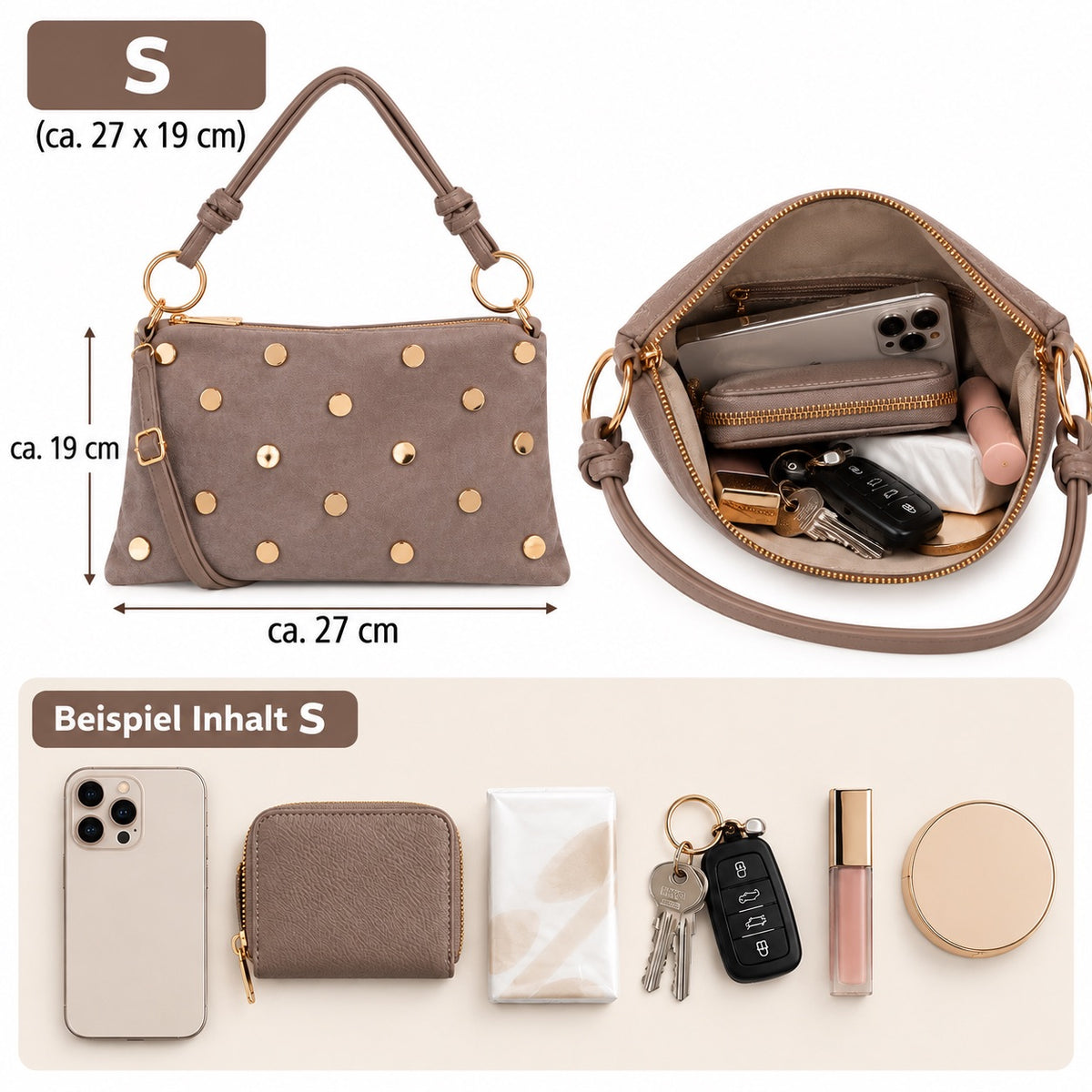 Damen Schultertasche Echt Wildleder mit goldfarbenen Nieten – Made in Italy – 2 Looks – Handtasche Crossbody S/L Tasche