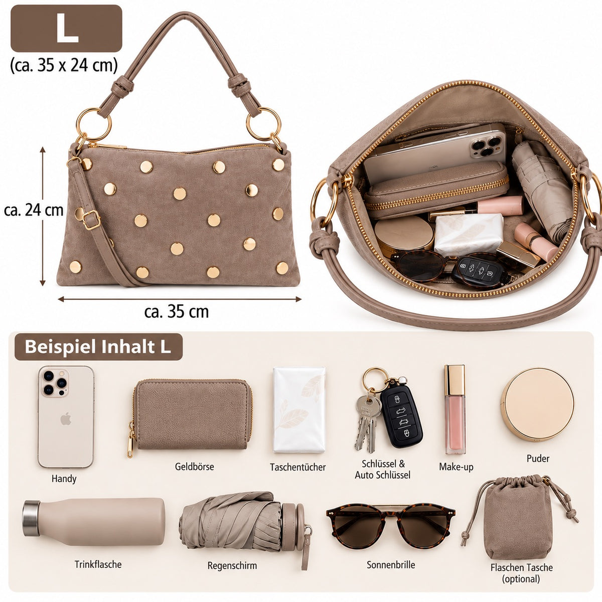 Damen Schultertasche Echt Wildleder mit goldfarbenen Nieten – Made in Italy – 2 Looks – Handtasche Crossbody S/L Tasche