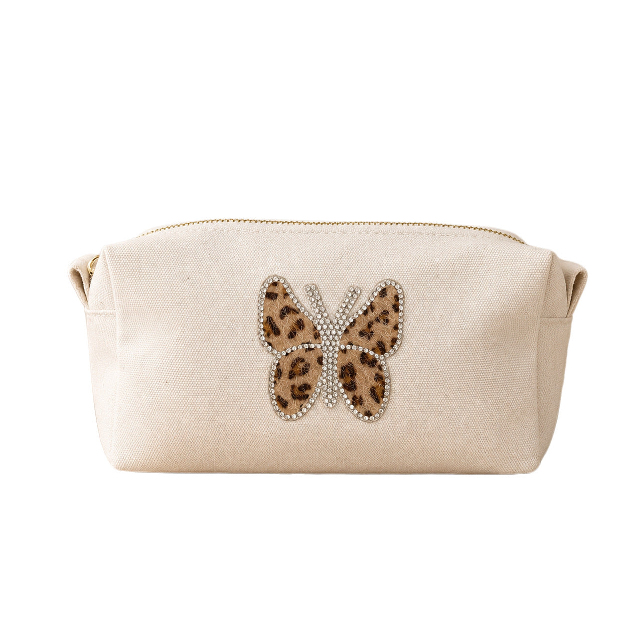 beige Kosmetiktasche S aus Baumwolle mit Bär Doppelherz Schmetterling leo | Kulturbeutel mit Reißverschluss | Make-up Tasche, Reiseorganizer, Geschenk für Frauen