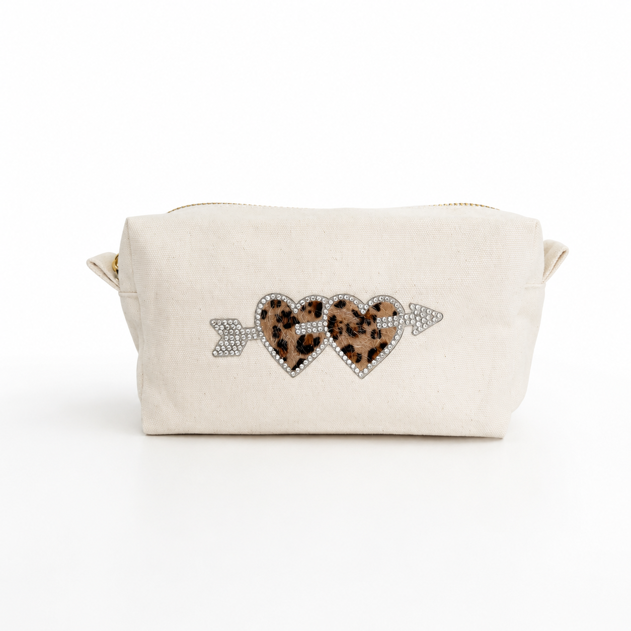 beige Kosmetiktasche S aus Baumwolle mit Bär Doppelherz Schmetterling leo | Kulturbeutel mit Reißverschluss | Make-up Tasche, Reiseorganizer, Geschenk für Frauen