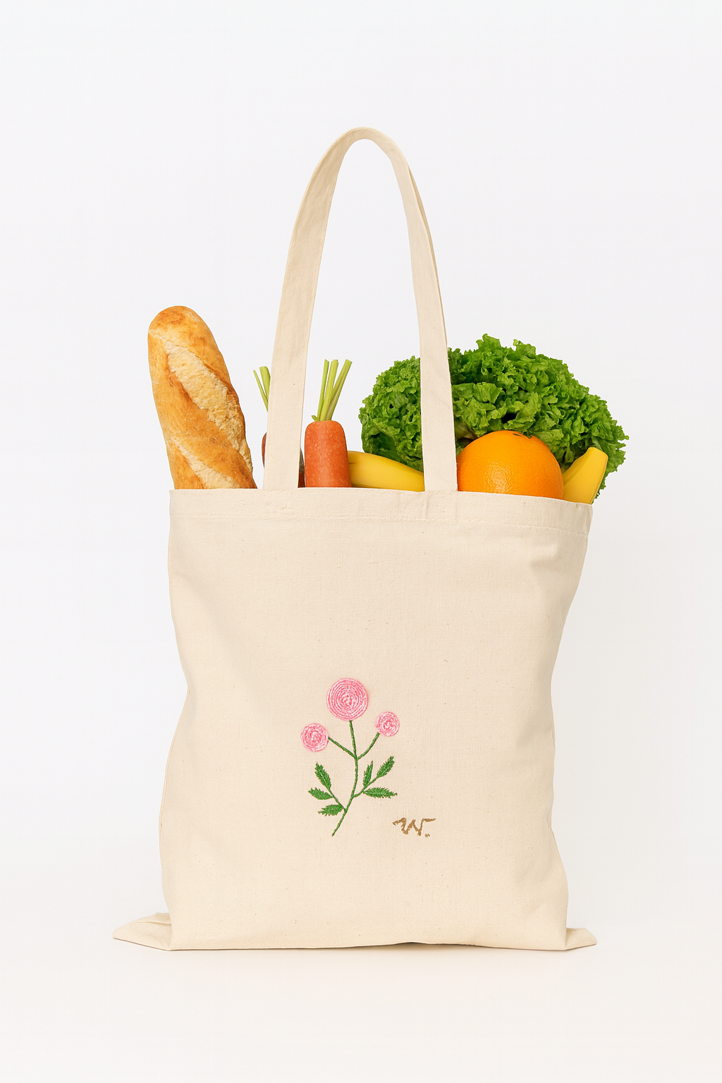 Handgestickt Baumwoll-Shopper mit rosa Blumen & Initialen – stylisch, praktisch