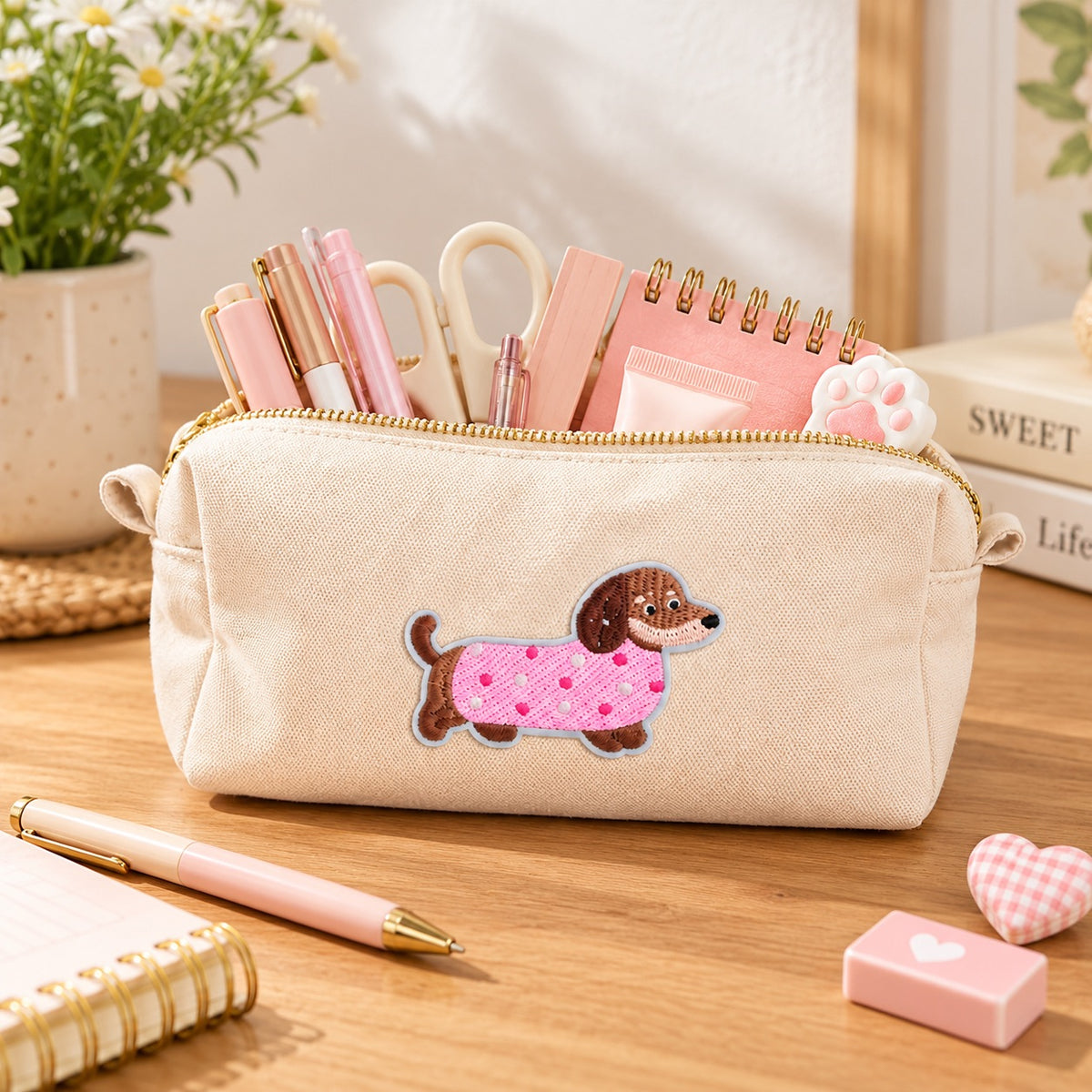Kosmetiktasche S aus Baumwolle mit Dackel – Beige Make-up Tasche mit Reißverschluss, Kulturbeutel, Reiseorganizer & Geschenk für Frauen
