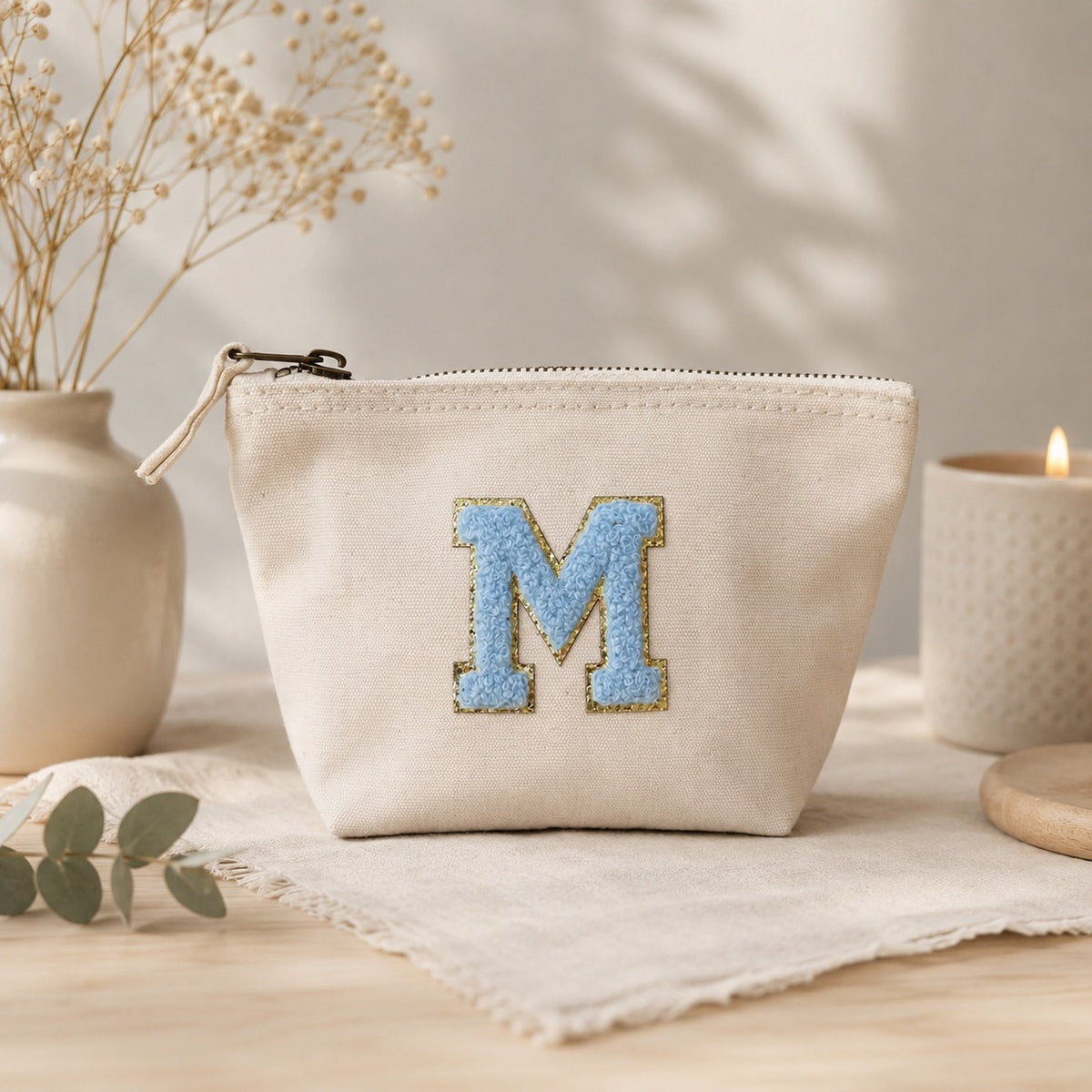 Hellblau Initiale Tasche Beige Kosmetiktasche S • A–Z • Reise & Geschenkidee Buchstaben