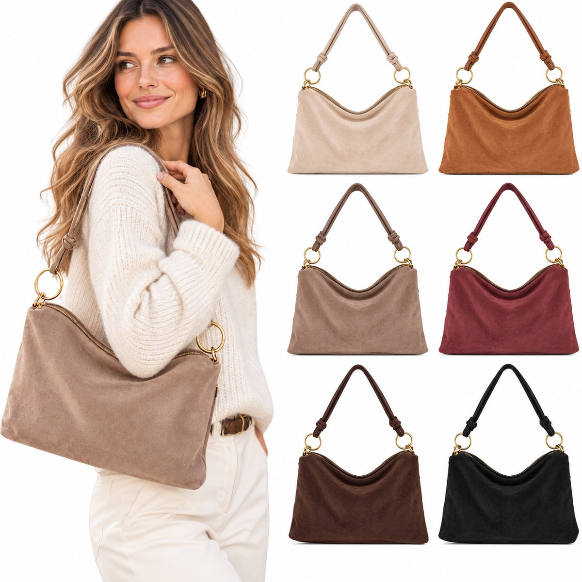 Damen Wildleder Schultertasche Echtleder S-L Made in Italy Crossbody Handtasche Tasche