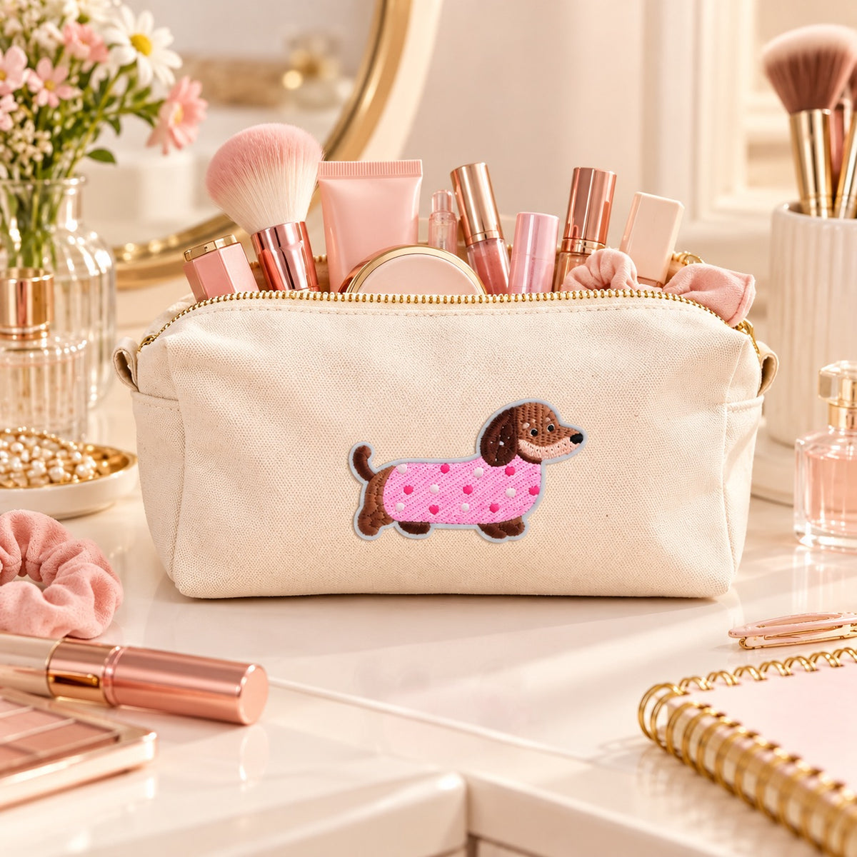 Kosmetiktasche S aus Baumwolle mit Dackel – Beige Make-up Tasche mit Reißverschluss, Kulturbeutel, Reiseorganizer & Geschenk für Frauen