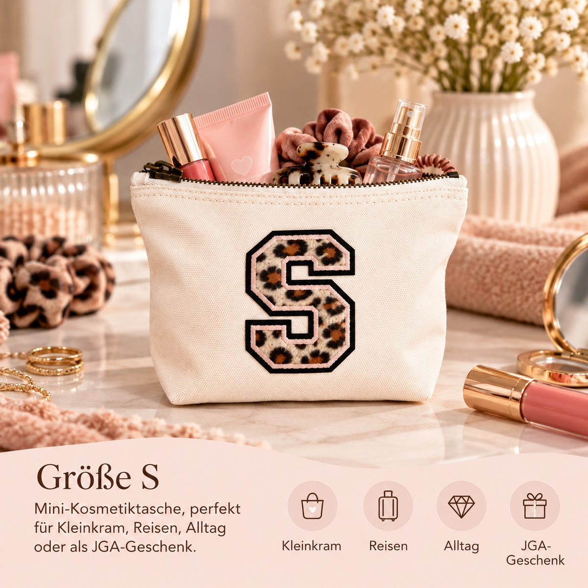 Leo Initiale Beige Kosmetiktasche S • A–Z • Reise & Geschenkidee Buchstaben