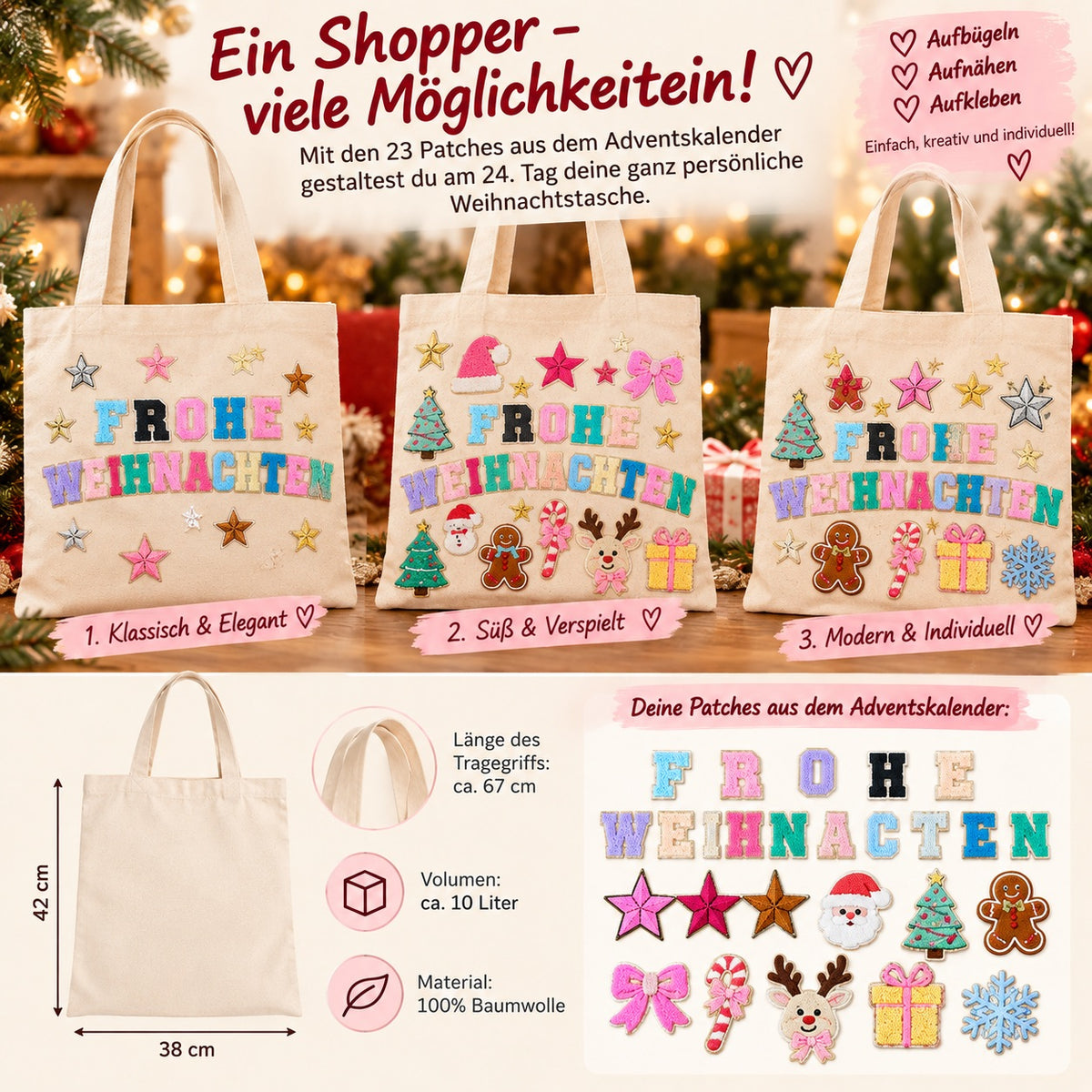 DIY Adventskalender 24 Tage – Frohe Weihnachten Set mit Patches & Shopper Tasche für Kinder