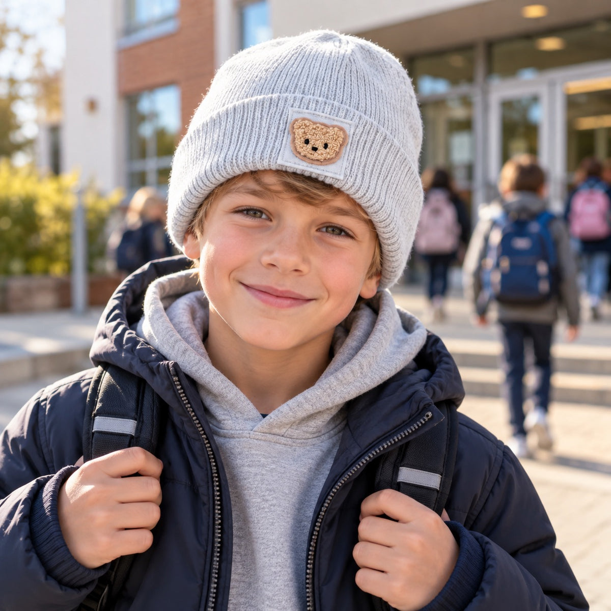 Kinder Beanie mit Teddy Bär Patch – Nachhaltige warme Mütze, handveredelt, Rosa & Grau