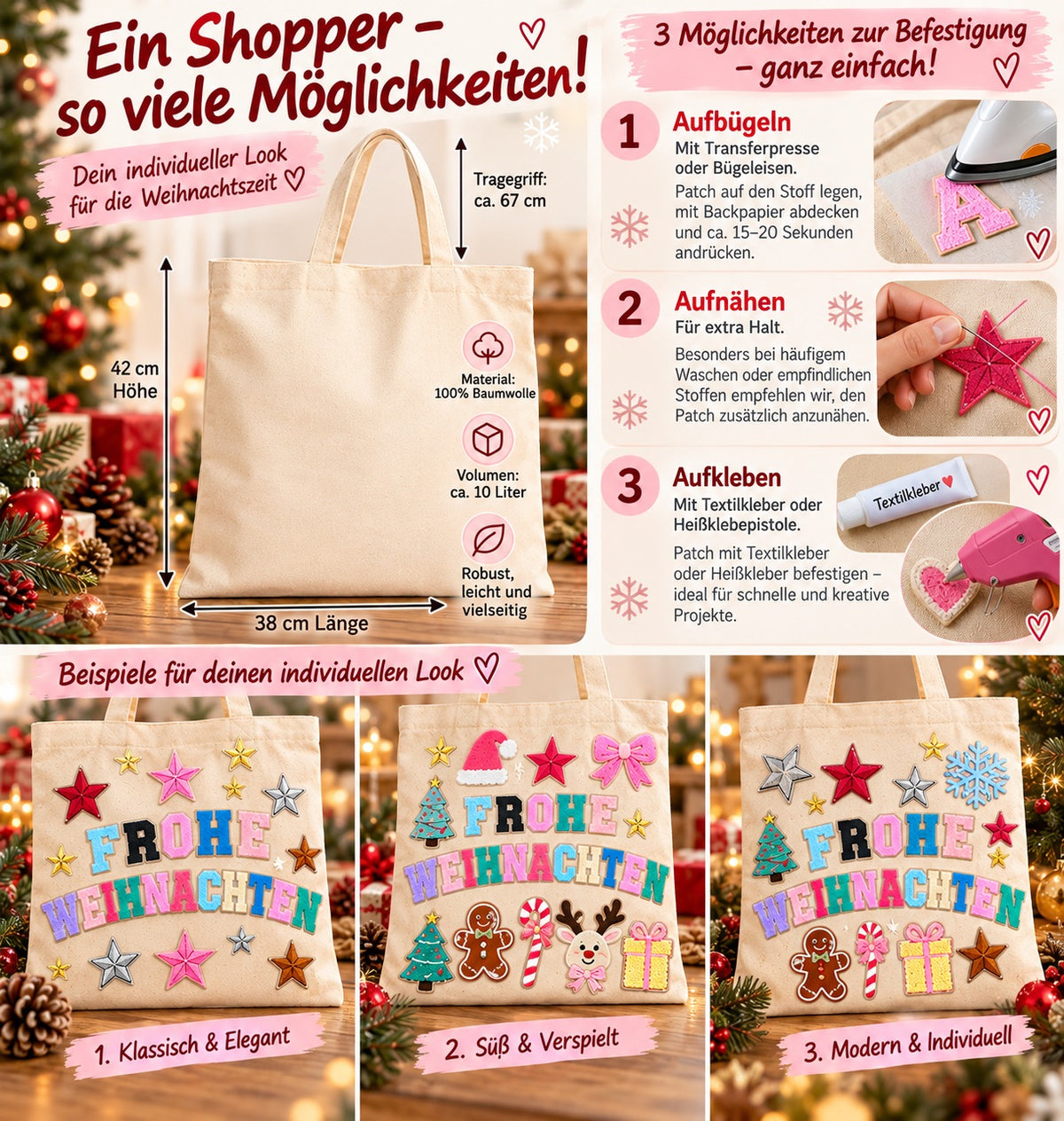 DIY Adventskalender 24 Tage – Frohe Weihnachten Set mit Patches & Shopper Tasche für Kinder
