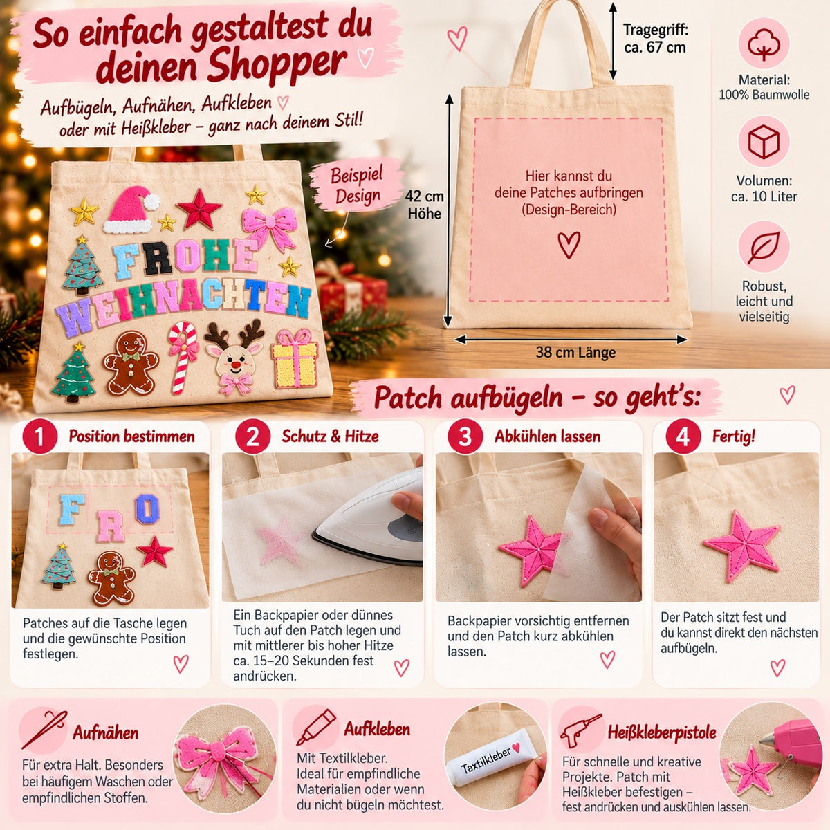 DIY Adventskalender 24 Tage – Frohe Weihnachten Set mit Patches & Shopper Tasche für Kinder