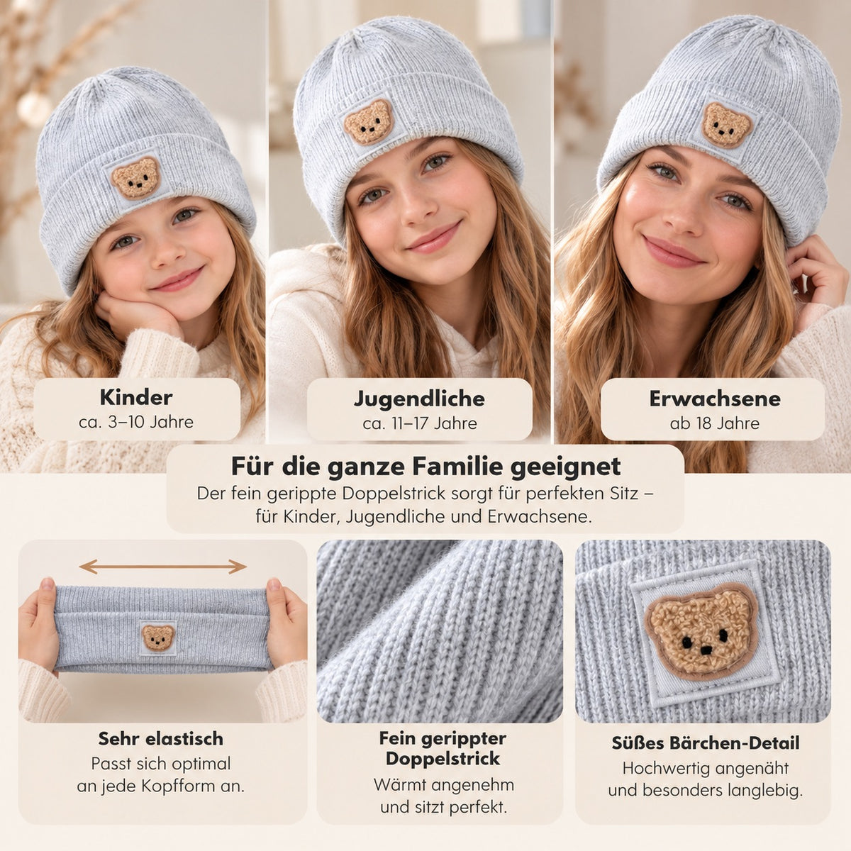 Kinder Beanie mit Teddy Bär Patch – Nachhaltige warme Mütze, handveredelt, Rosa & Grau