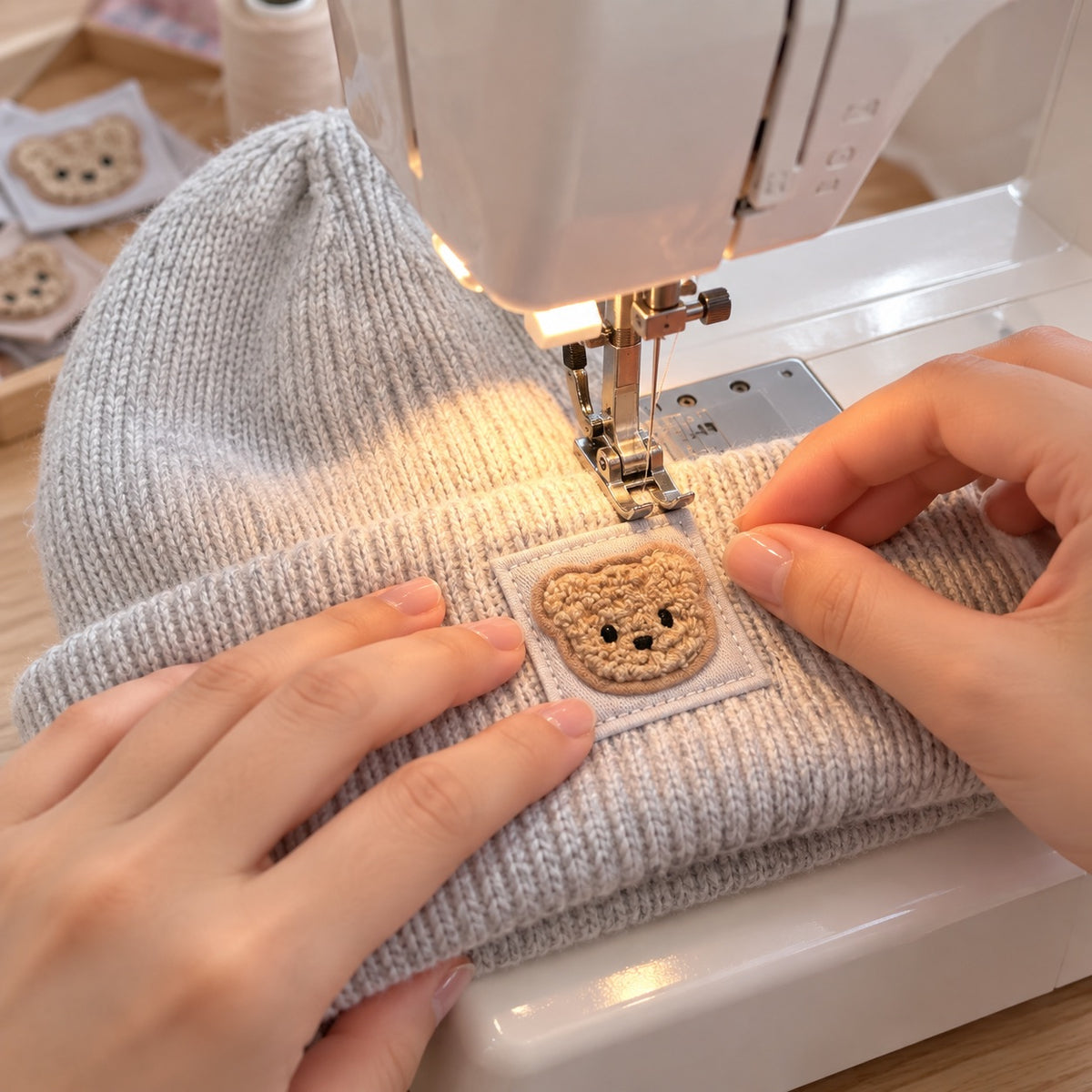 Kinder Beanie mit Teddy Bär Patch – Nachhaltige warme Mütze, handveredelt, Rosa & Grau