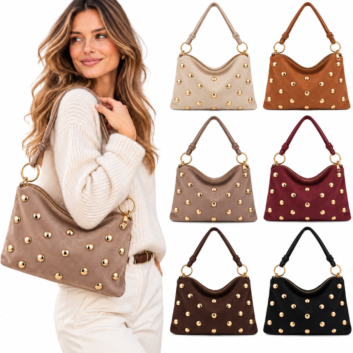 Damen Schultertasche Echt Wildleder mit goldfarbenen Nieten – Made in Italy – 2 Looks – Handtasche Crossbody S/L Tasche
