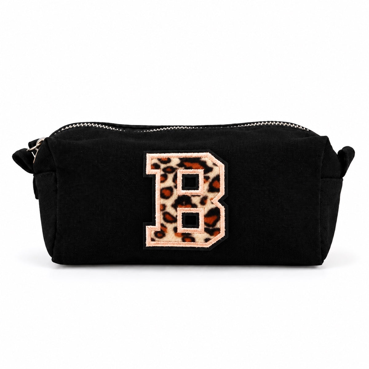 Kosmetiktasche mit Leo-Buchstaben A–Z oder Herz | Baumwolle Make-up Tasche S & L | Beige & Schwarz | Personalisiertes Geschenk für Frauen Kulturbeutel Reiseorganizer