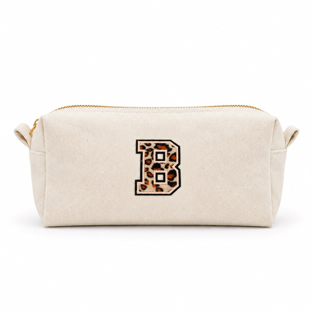 Kosmetiktasche mit Leo-Buchstaben A–Z oder Herz | Baumwolle Make-up Tasche S & L | Beige & Schwarz | Personalisiertes Geschenk für Frauen Kulturbeutel Reiseorganizer