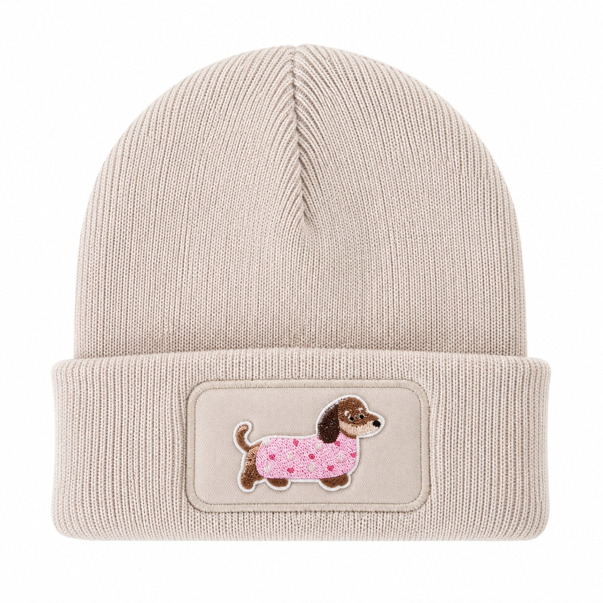 Beanie Mütze mit Dackel Patch – Handveredelte Unisex Strickmütze mit Umschlag – 100 % Polyacryl Soft Touch – Weich & Warm – für Damen & Herren
