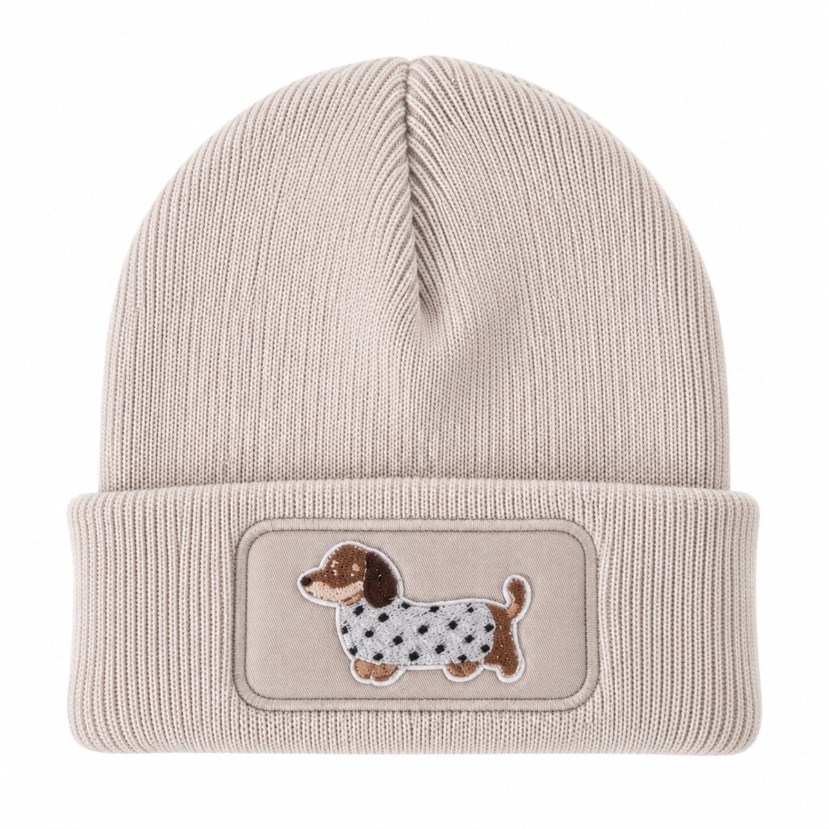 Beanie Mütze mit Dackel Patch – Handveredelte Unisex Strickmütze mit Umschlag – 100 % Polyacryl Soft Touch – Weich & Warm – für Damen & Herren