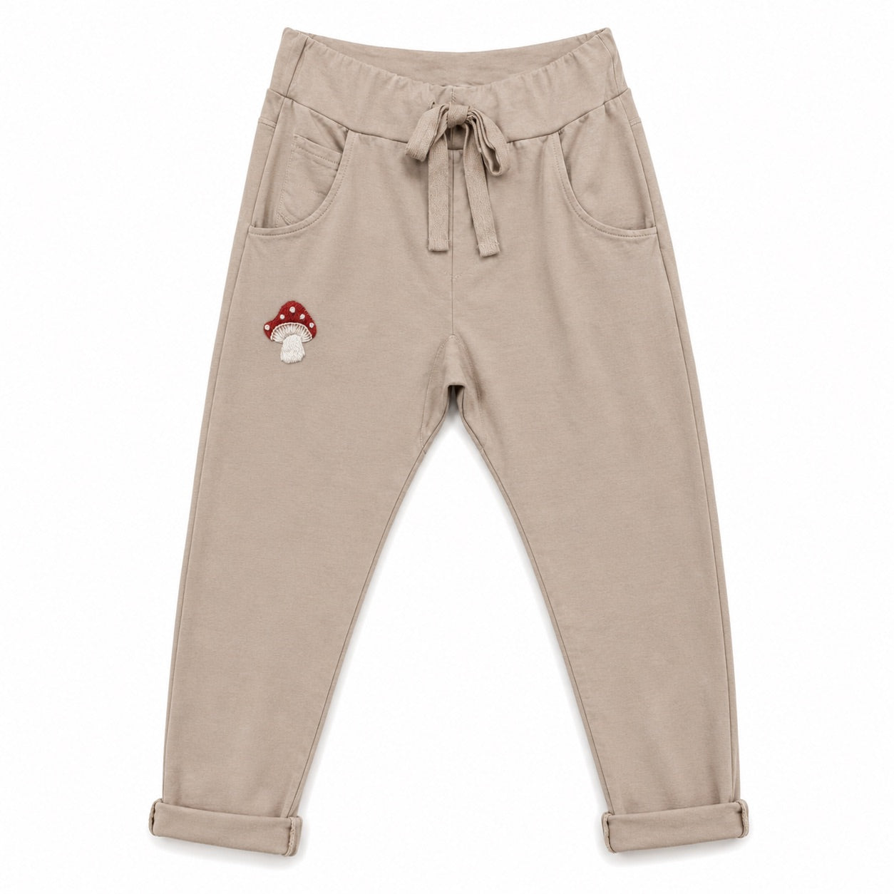 Damen Jogpants Baggy Hose Glückspilz Handstickerei Baumwolle S–XXL Beige Braun Taupe Schwarz
