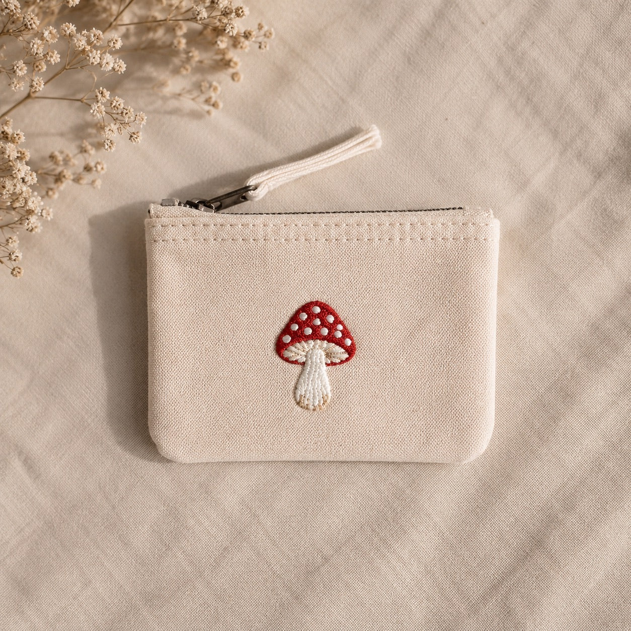 Handbestickte Geldbörse Glückspilz – Beige Baumwolle Münztasche Geldbeutel Portemonnaie – Handmade