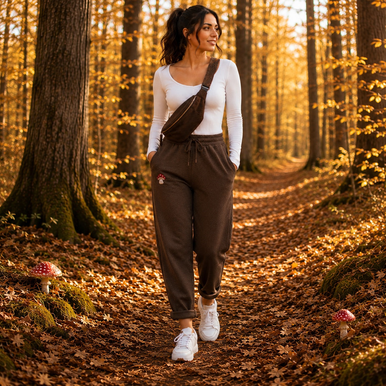 Damen Jogpants Baggy Hose Glückspilz Handstickerei Baumwolle S–XXL Beige Braun Taupe Schwarz