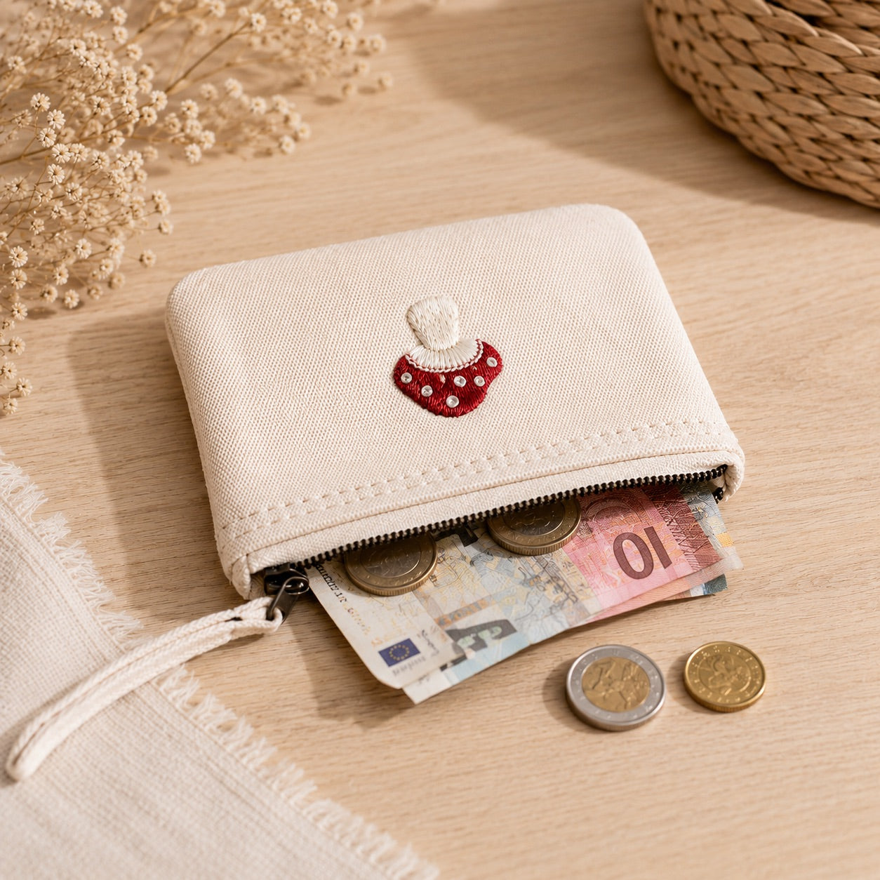Handbestickte Geldbörse Glückspilz – Beige Baumwolle Münztasche Geldbeutel Portemonnaie – Handmade