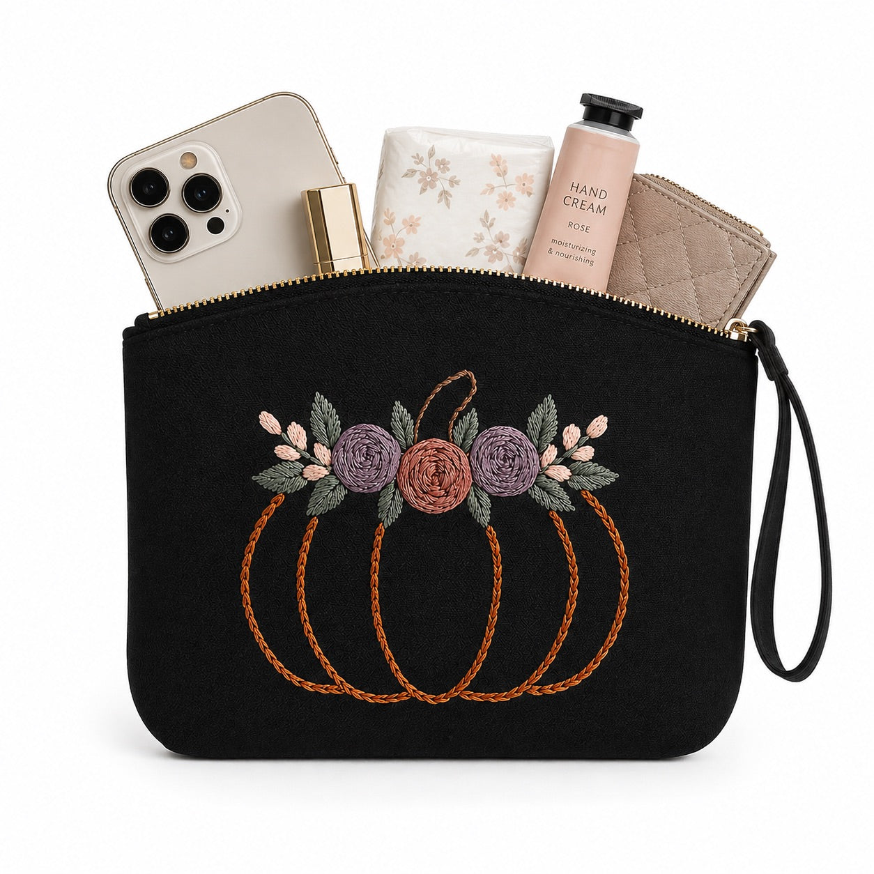 Damen Clutch Schwarz handbestickt – Kürbis mit Blumen – Handgelenktasche Kosmetiktasche Abendtasche Handmade Geschenkidee