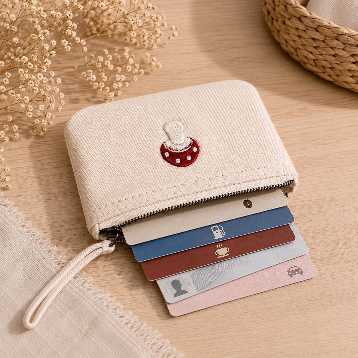 Handbestickte Geldbörse Glückspilz – Beige Baumwolle Münztasche Geldbeutel Portemonnaie – Handmade