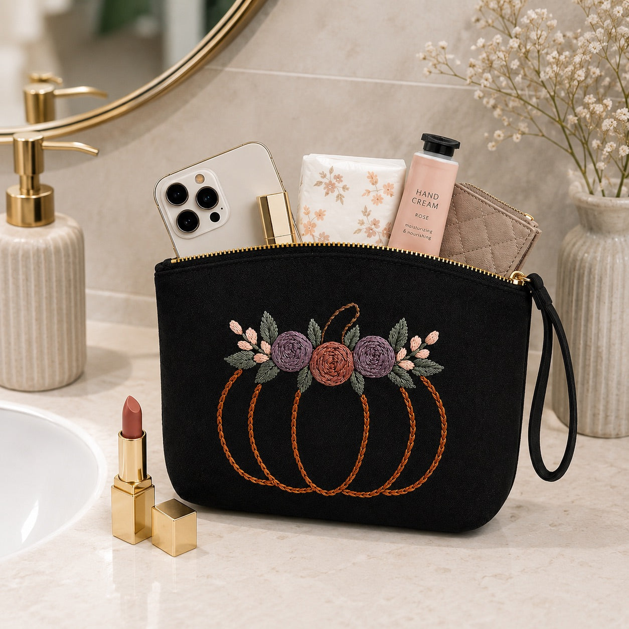 Damen Clutch Schwarz handbestickt – Kürbis mit Blumen – Handgelenktasche Kosmetiktasche Abendtasche Handmade Geschenkidee