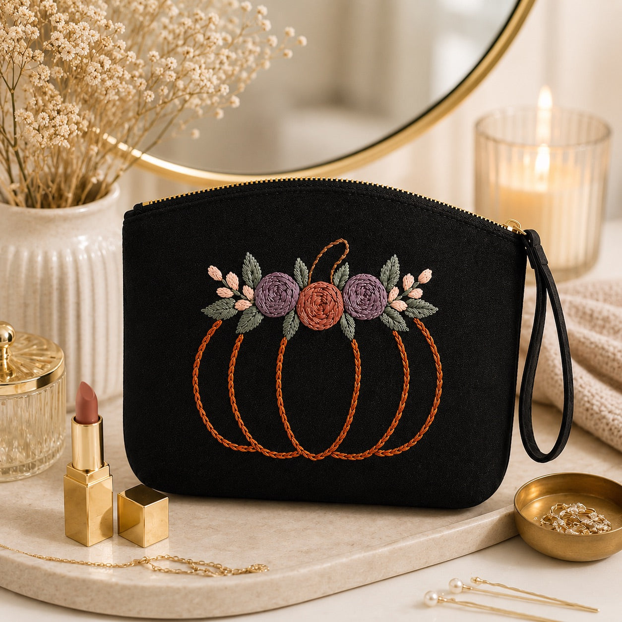 Damen Clutch Schwarz handbestickt – Kürbis mit Blumen – Handgelenktasche Kosmetiktasche Abendtasche Handmade Geschenkidee