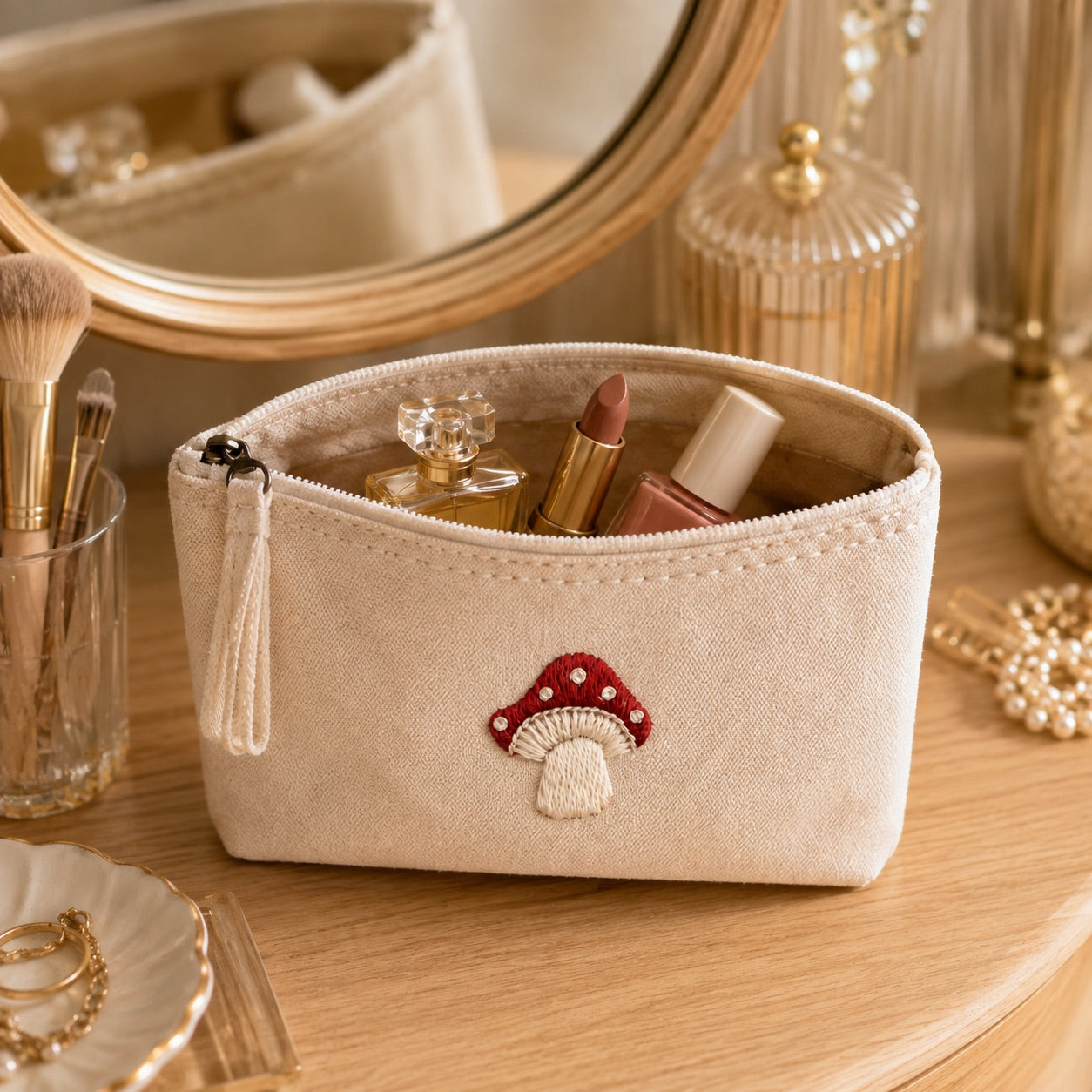 Handbestickte Geldbörse Glückspilz – Beige Baumwolle Münztasche Geldbeutel Portemonnaie – Handmade