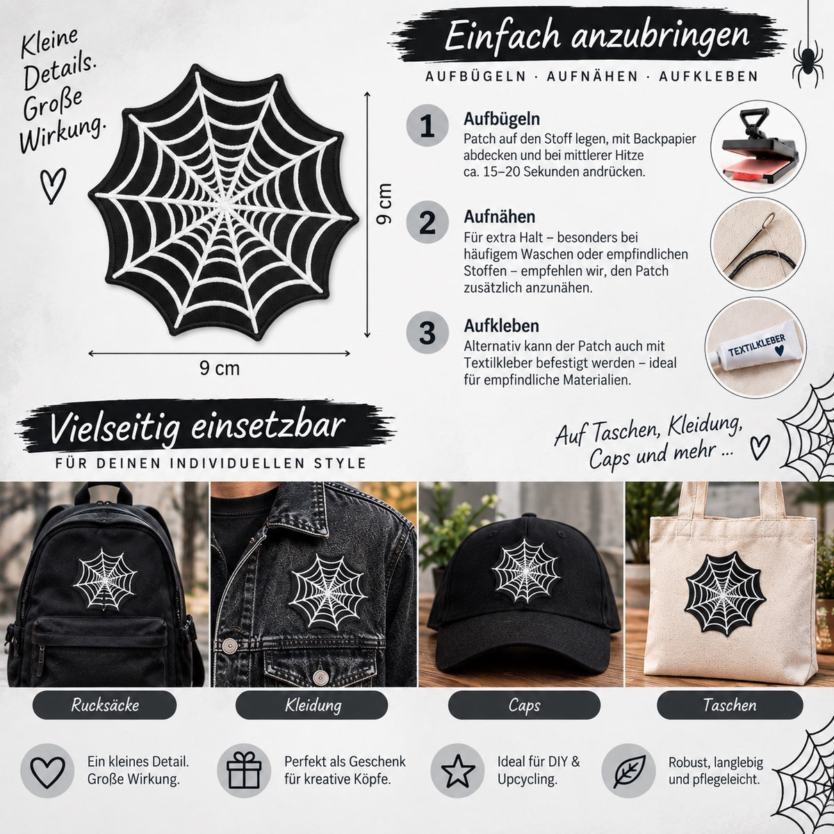 Spinnennetz Patch Aufbügler 9 cm Spinne Bügelbild Aufnäher Halloween Gothic DIY