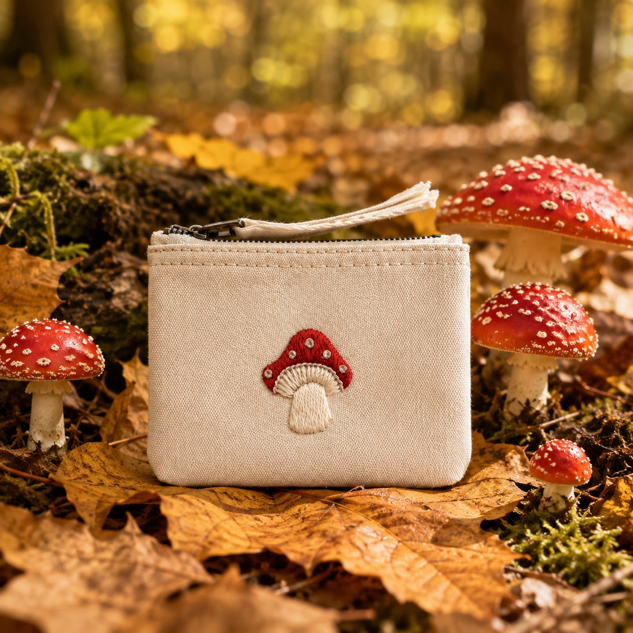Handbestickte Geldbörse Glückspilz – Beige Baumwolle Münztasche Geldbeutel Portemonnaie – Handmade