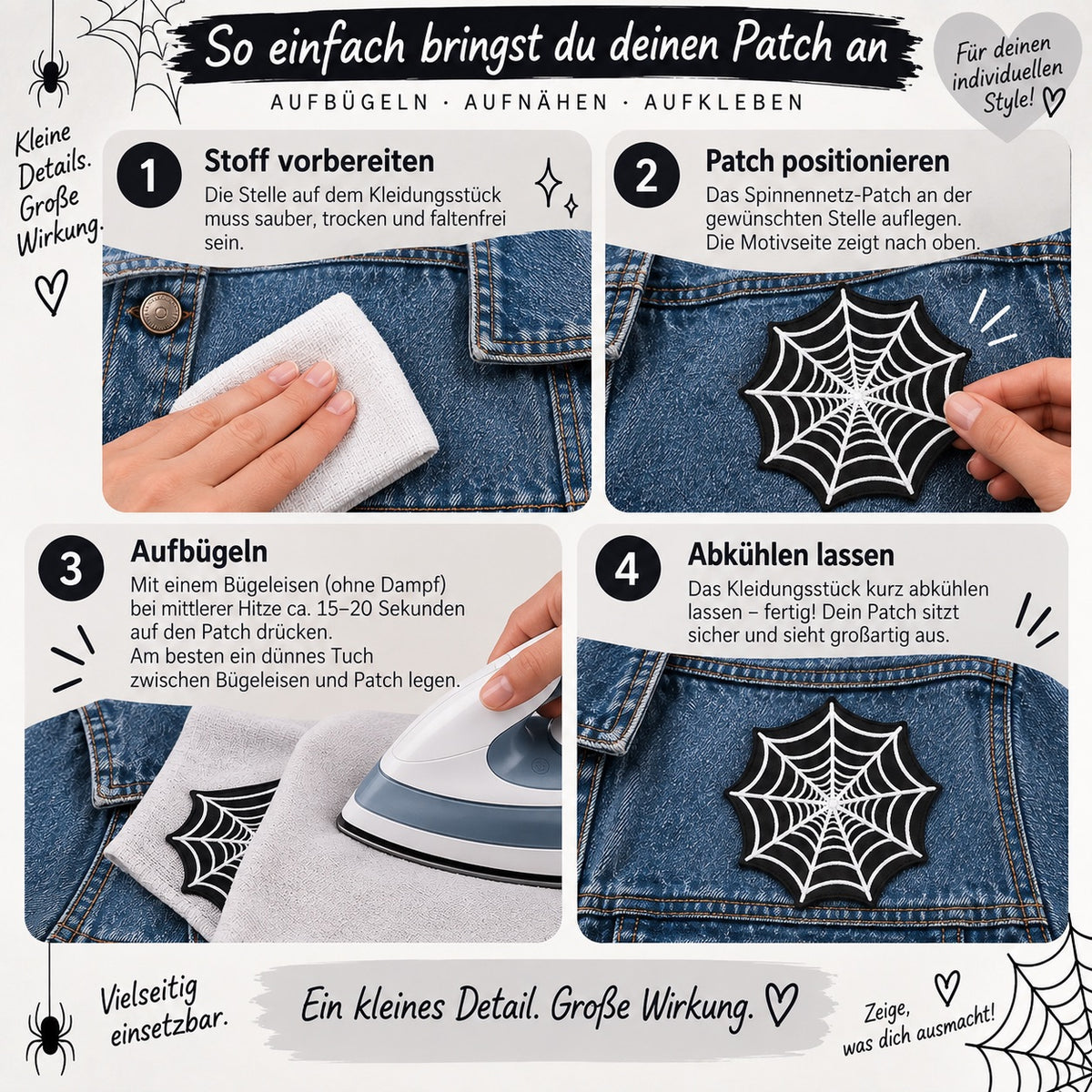 Spinnennetz Patch Aufbügler 9 cm Spinne Bügelbild Aufnäher Halloween Gothic DIY
